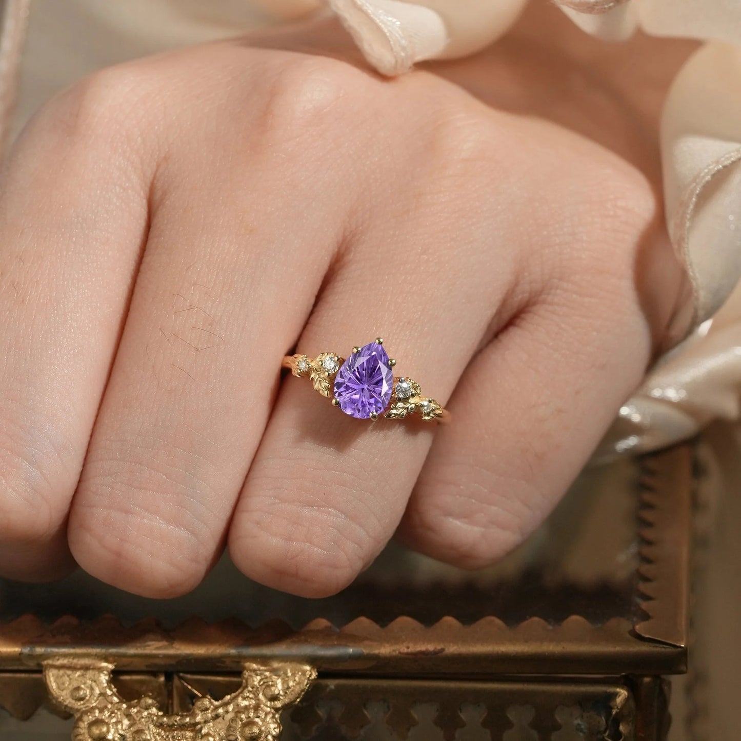 Pear Shaped Sparkle Cut Purple Sapphire Engagement Ring-Daisy