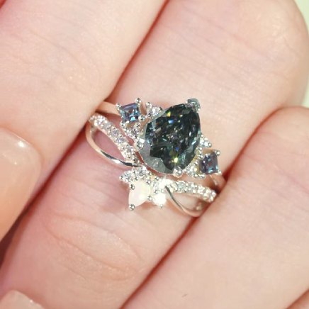 Princess Mononoke Pear Cut Gray Moissanite Cluster Gemstone Ring Set 2pcs