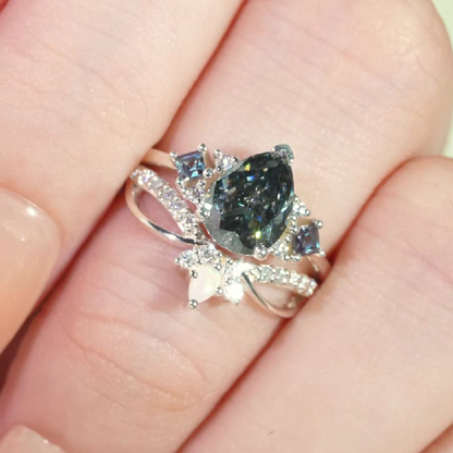 Princess Mononoke Pear Cut Gray Moissanite Cluster Gemstone Ring Set 2pcs