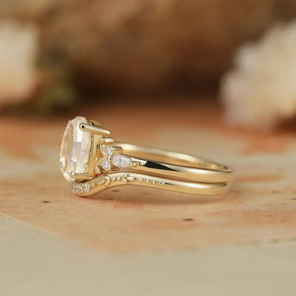 Portrait-cut Moissanite Engagement Ring Set 2pcs-Calliope - GemsMagic