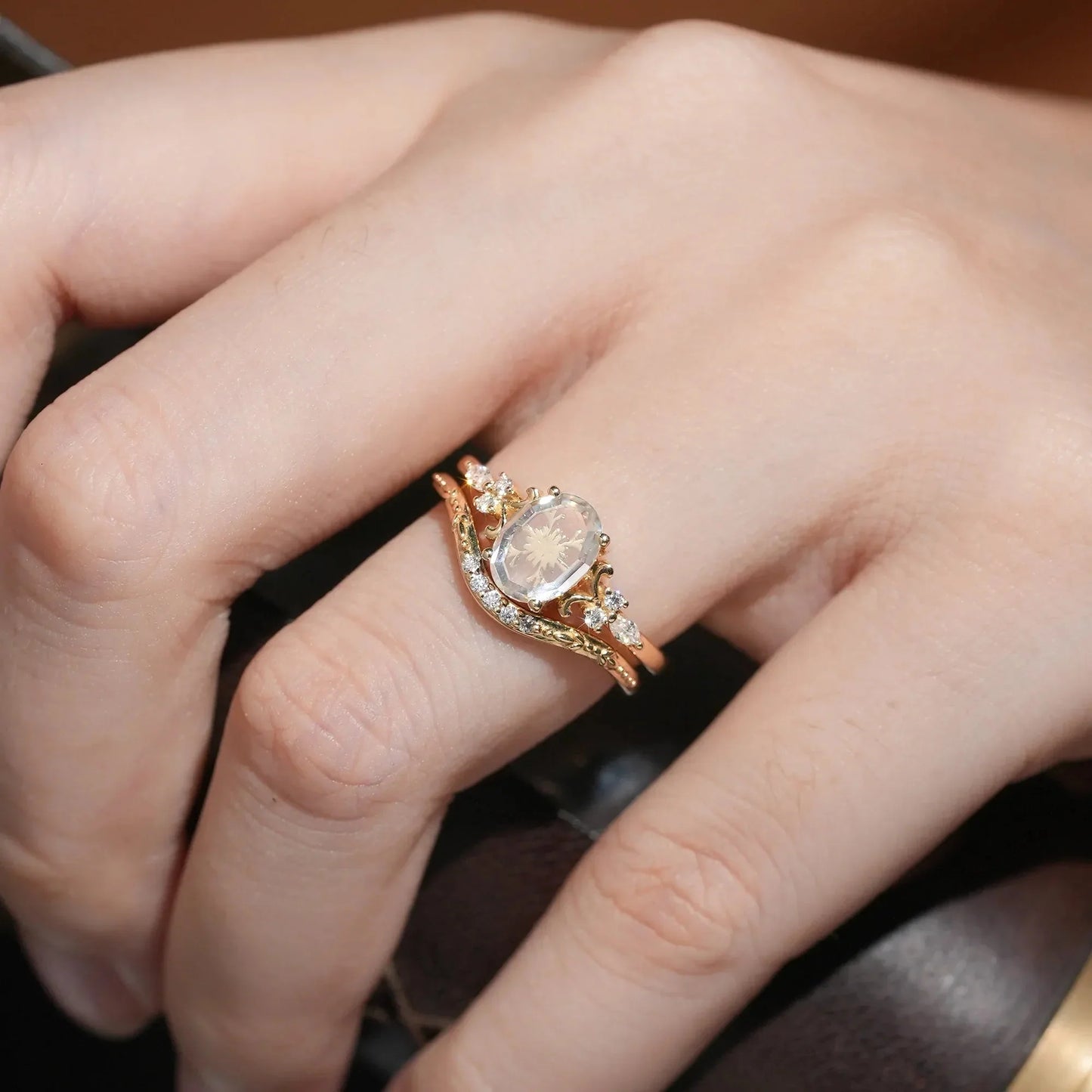 Portrait-cut Moissanite Engagement Ring Set 2pcs-Calliope - GemsMagic