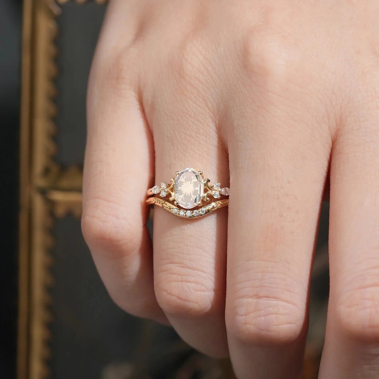 Portrait-cut Moissanite Engagement Ring Set 2pcs-Calliope - GemsMagic