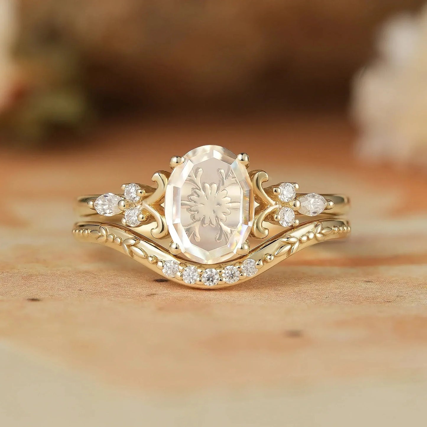 Portrait-cut Moissanite Engagement Ring Set 2pcs-Calliope - GemsMagic