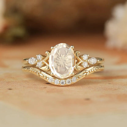 Portrait-cut Moissanite Engagement Ring Set 2pcs-Calliope - GemsMagic