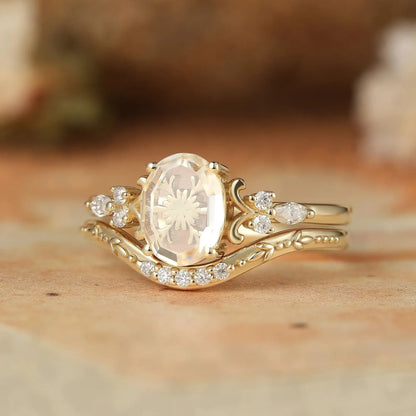 Portrait-cut Moissanite Engagement Ring Set 2pcs-Calliope - GemsMagic