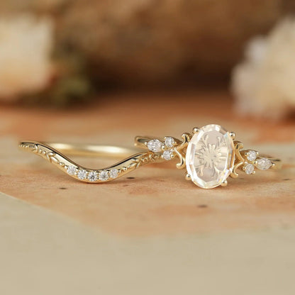 Portrait-cut Moissanite Engagement Ring Set 2pcs-Calliope - GemsMagic