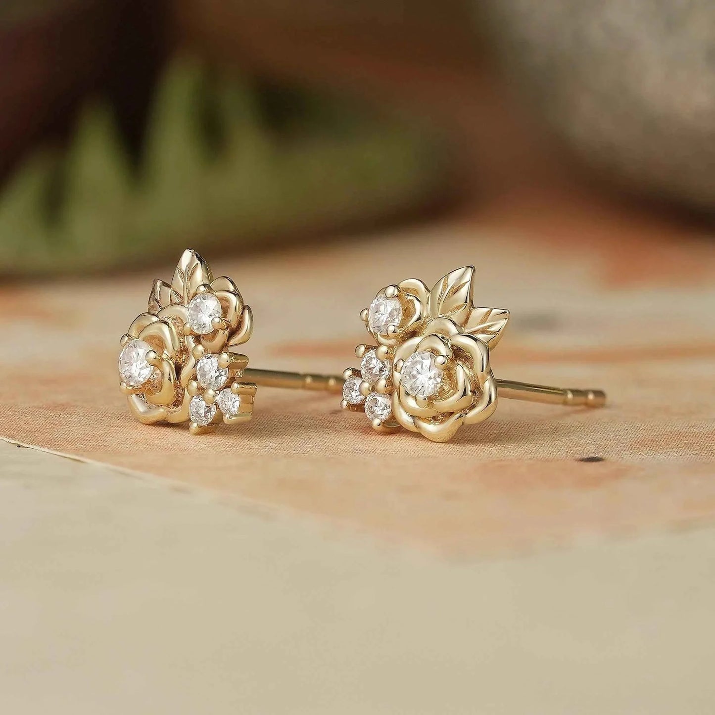 Rose and Leafy Design Moissanite Earrings