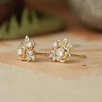 Rose and Leafy Design Moissanite Earrings