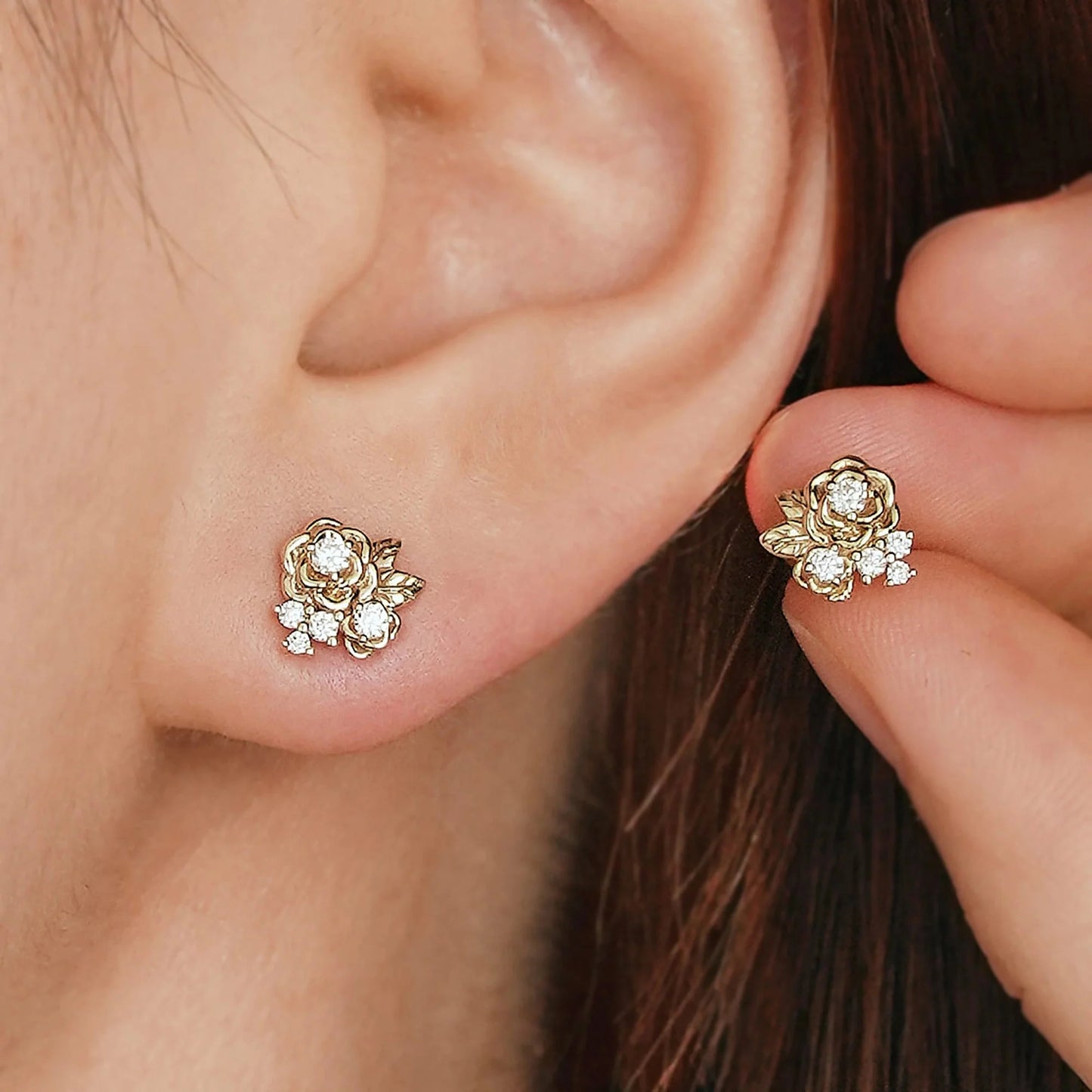 Rose and Leafy Design Moissanite Earrings