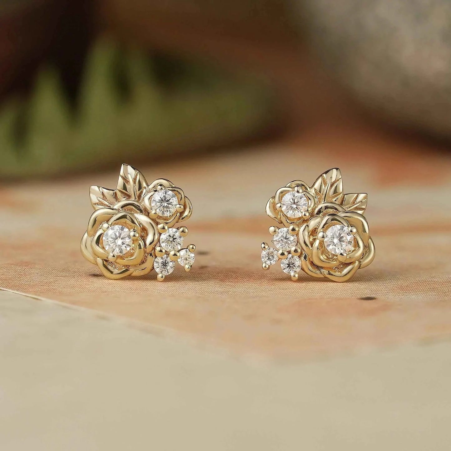 Rose and Leafy Design Moissanite Earrings