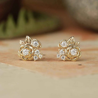 Rose and Leafy Design Moissanite Earrings