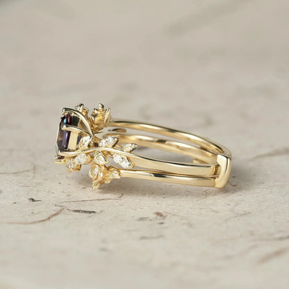 Rose Blossom | Hexagon Cut Alexandrite Engagement Ring Set - Delilah