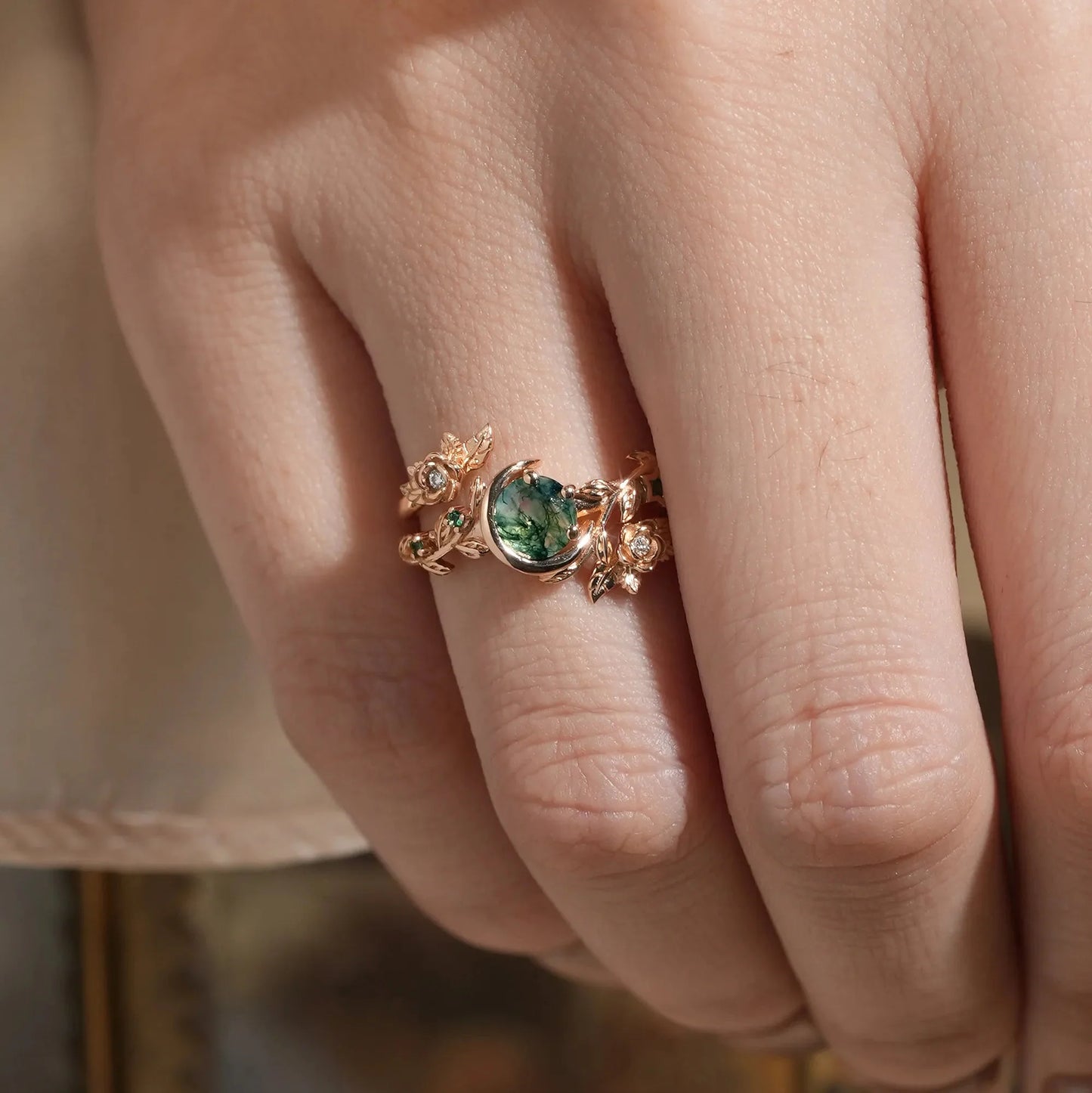 Rose Blossom: Moon Encircled Moss Agate Enhancer Ring Set | Nicole