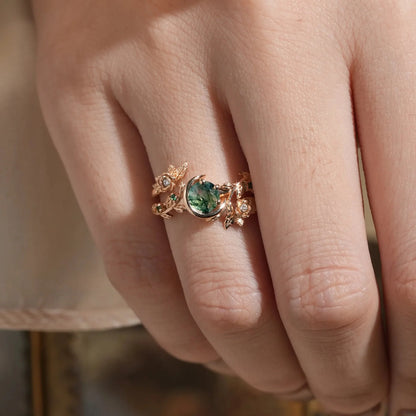 Rose Blossom: Moon Encircled Moss Agate Enhancer Ring Set | Nicole