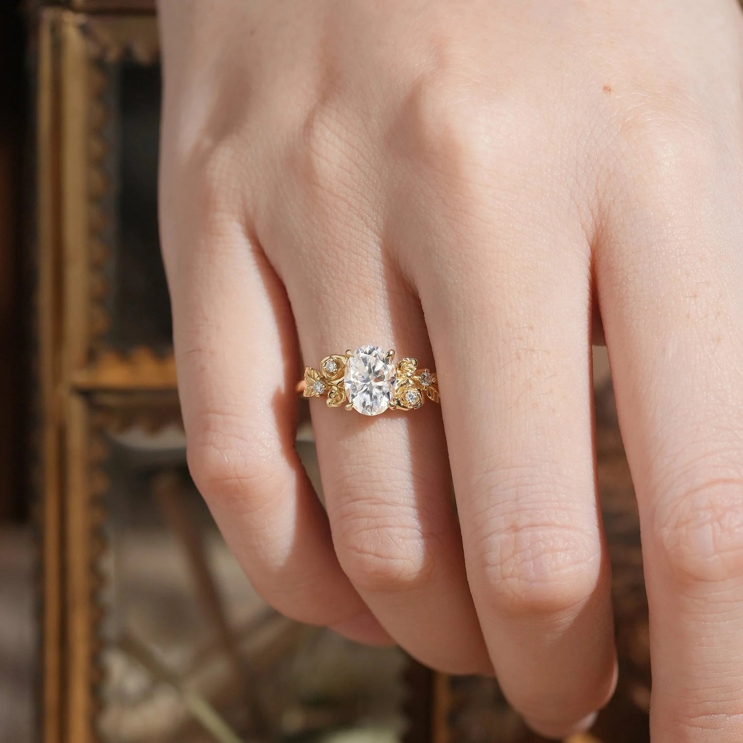 Rose Blossom: Nature Inspired Oval Cut Moissanite Engagement Ring - Evangeline