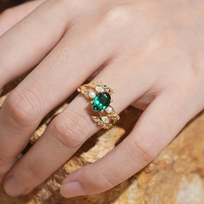 Rose Blossom: Oval Cut Lab Emerald & Pearl Nature Inspired Bridal Ring Set