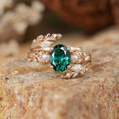Rose Blossom: Oval Cut Lab Emerald & Pearl Nature Inspired Bridal Ring Set