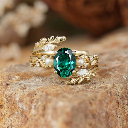 Rose Blossom: Oval Cut Lab Emerald & Pearl Nature Inspired Bridal Ring Set