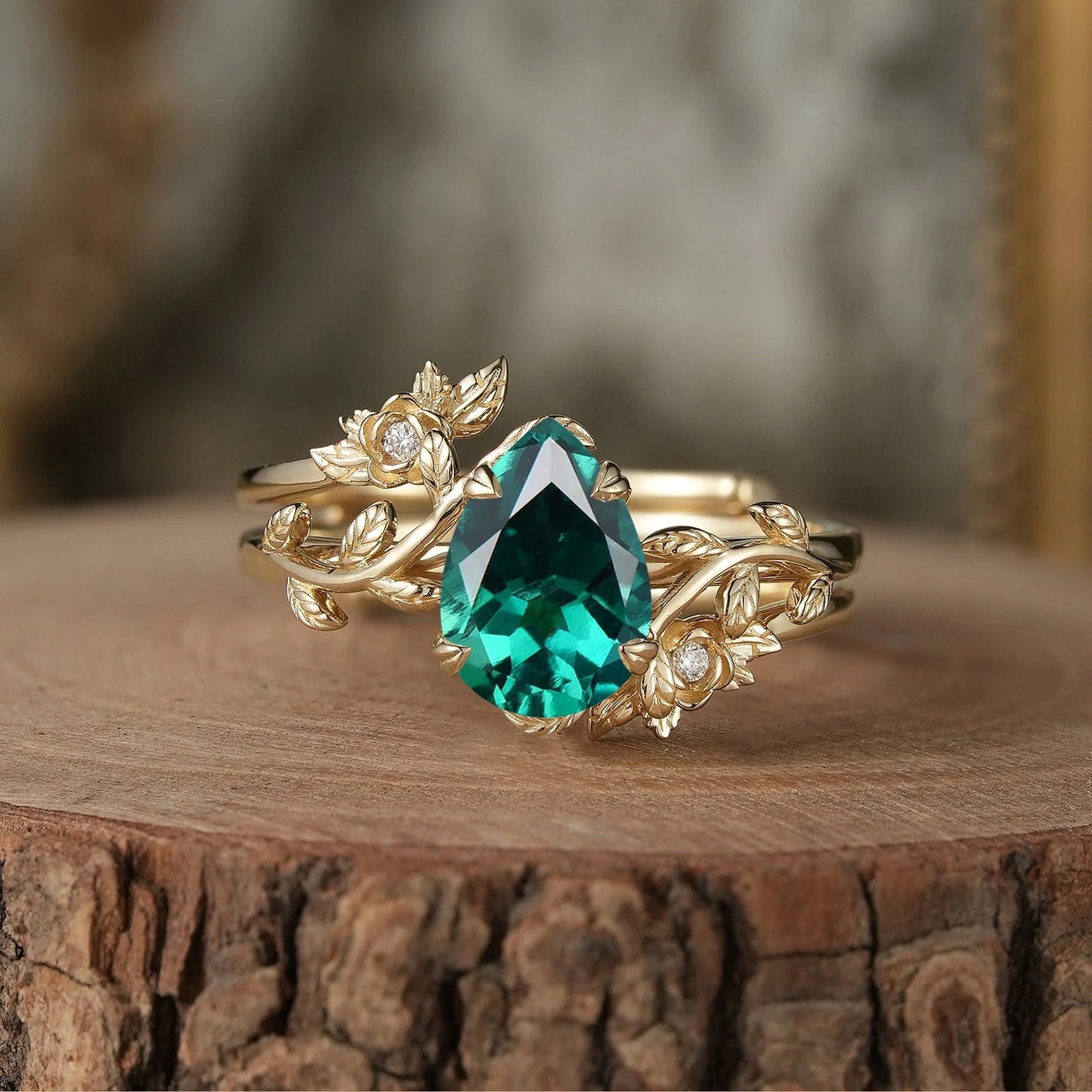 Rose Blossom: Pear-Cut Emerald Leaf Ring Set - Helena