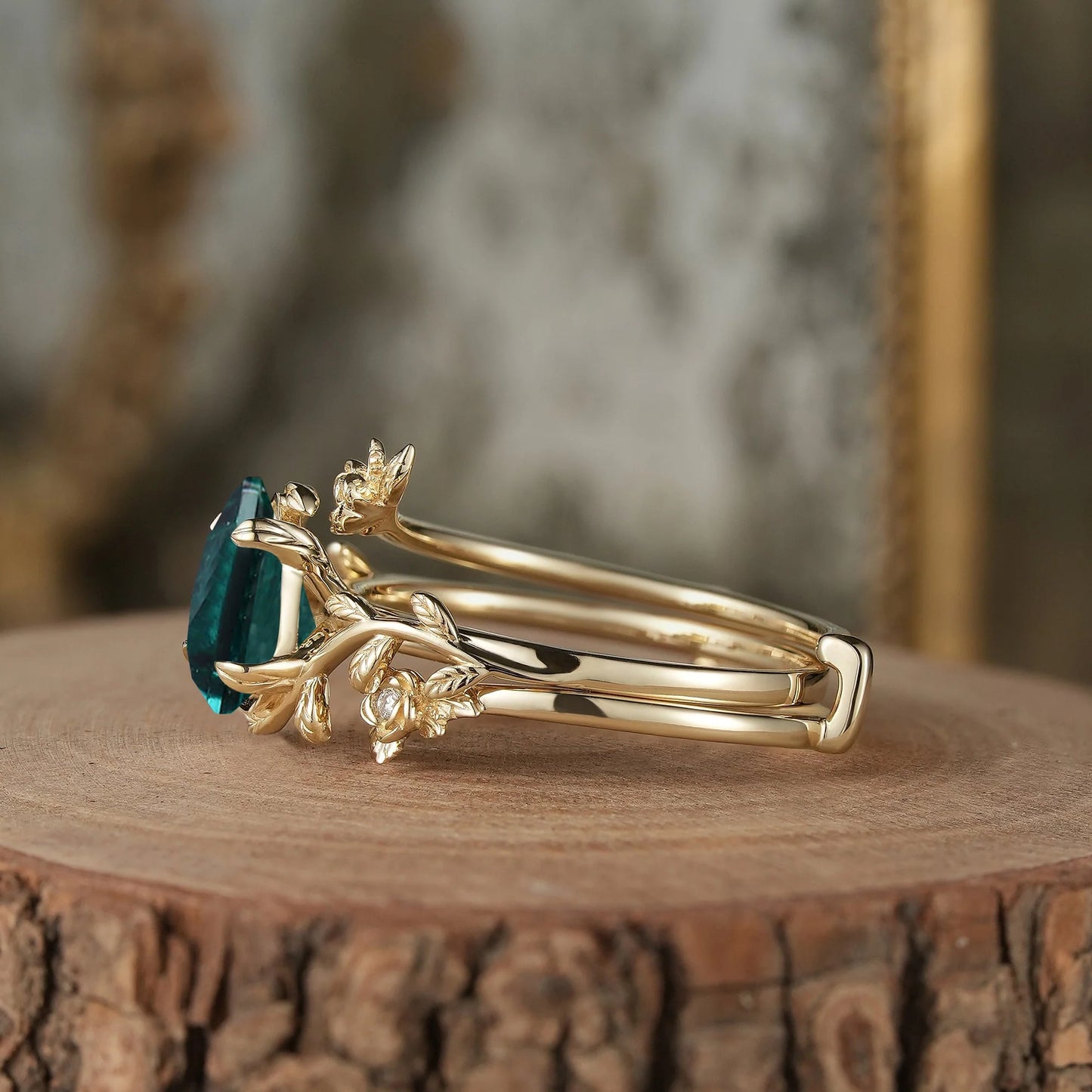 Rose Blossom: Pear-Cut Emerald Leaf Ring Set - Helena