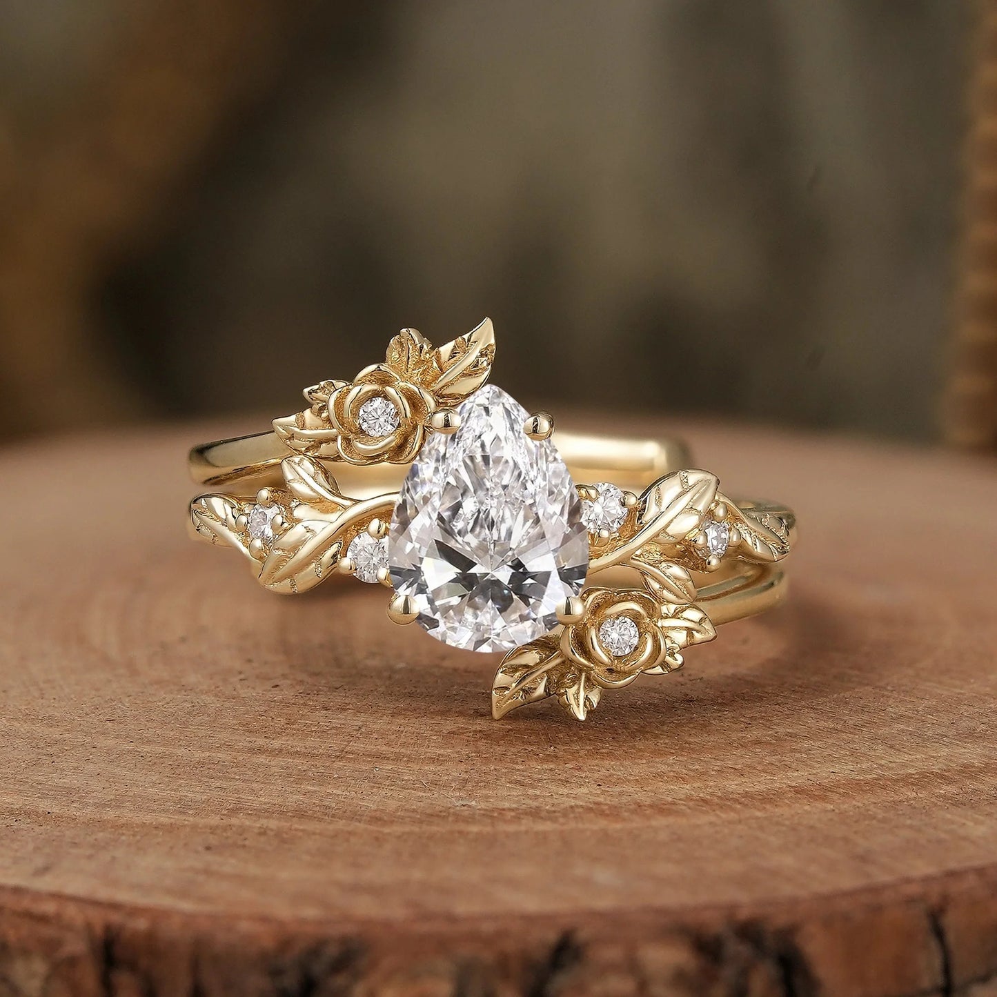 Rose Blossom: Pear-Cut Lab Grown Diamond Floral Ring Set - Camille
