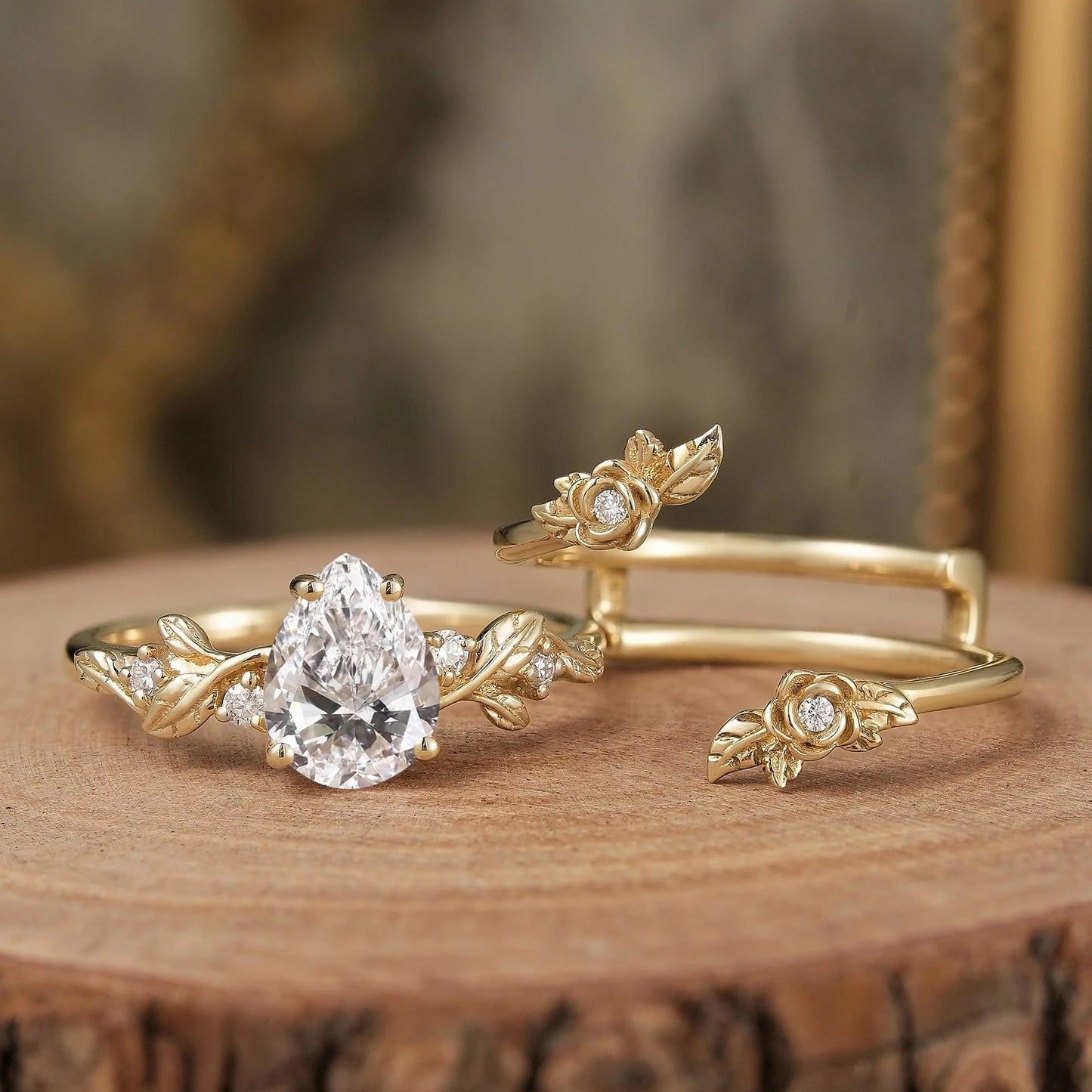 Rose Blossom: Pear-Cut Lab Grown Diamond Floral Ring Set - Camille