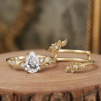 Rose Blossom: Pear-Cut Lab Grown Diamond Floral Ring Set - Camille