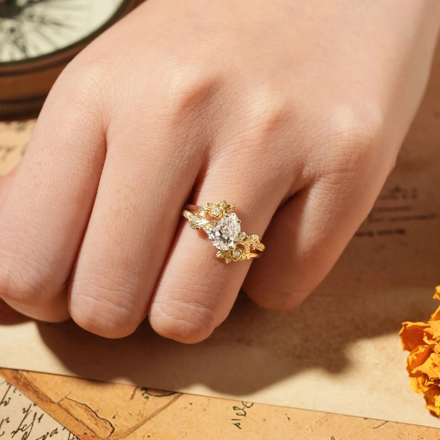 Rose Blossom: Pear-Cut Lab Grown Diamond Floral Ring Set - Camille