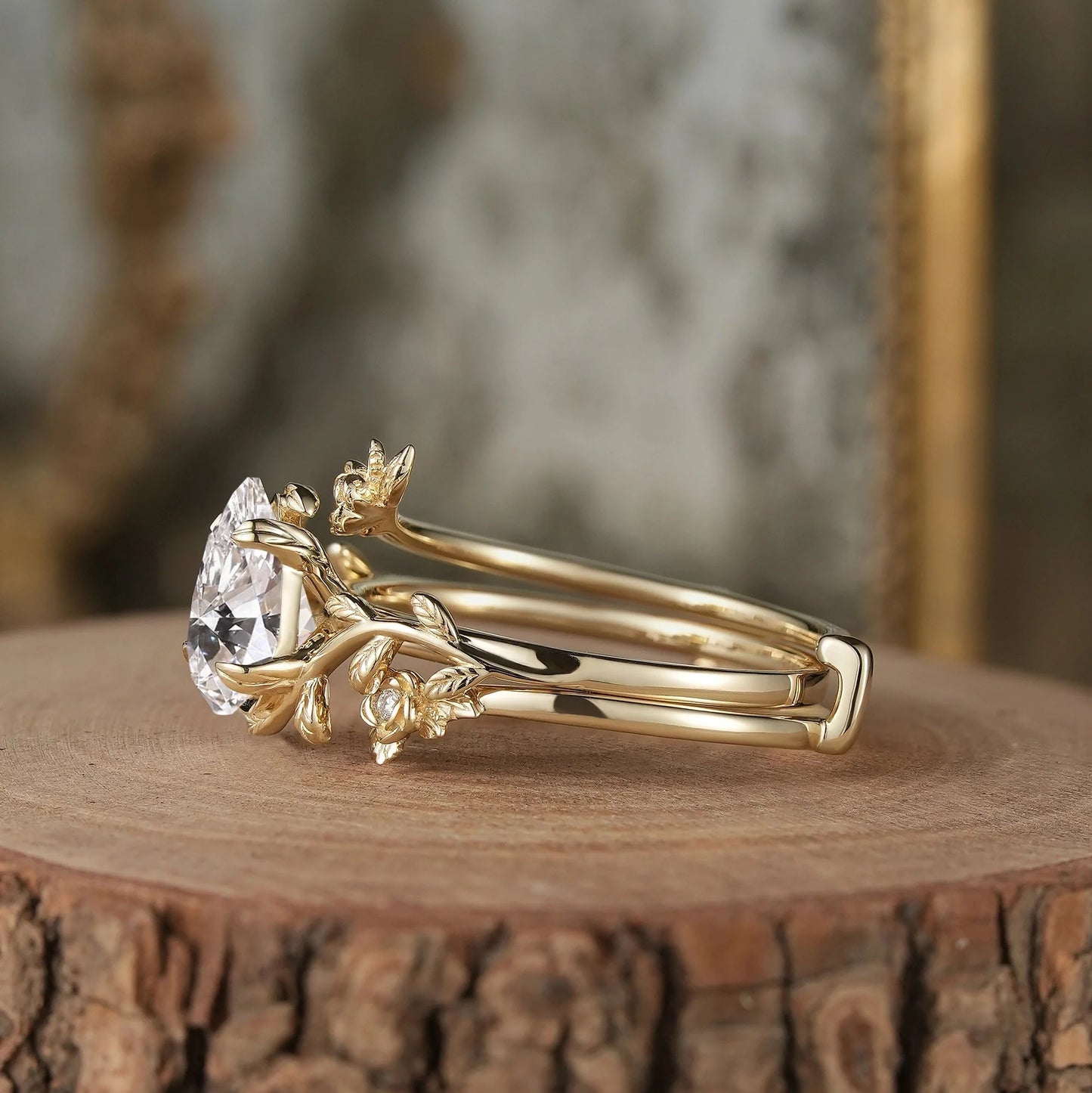 Rose Blossom: Pear-Cut Lab Grown Diamond Leaf Ring Set - Helena
