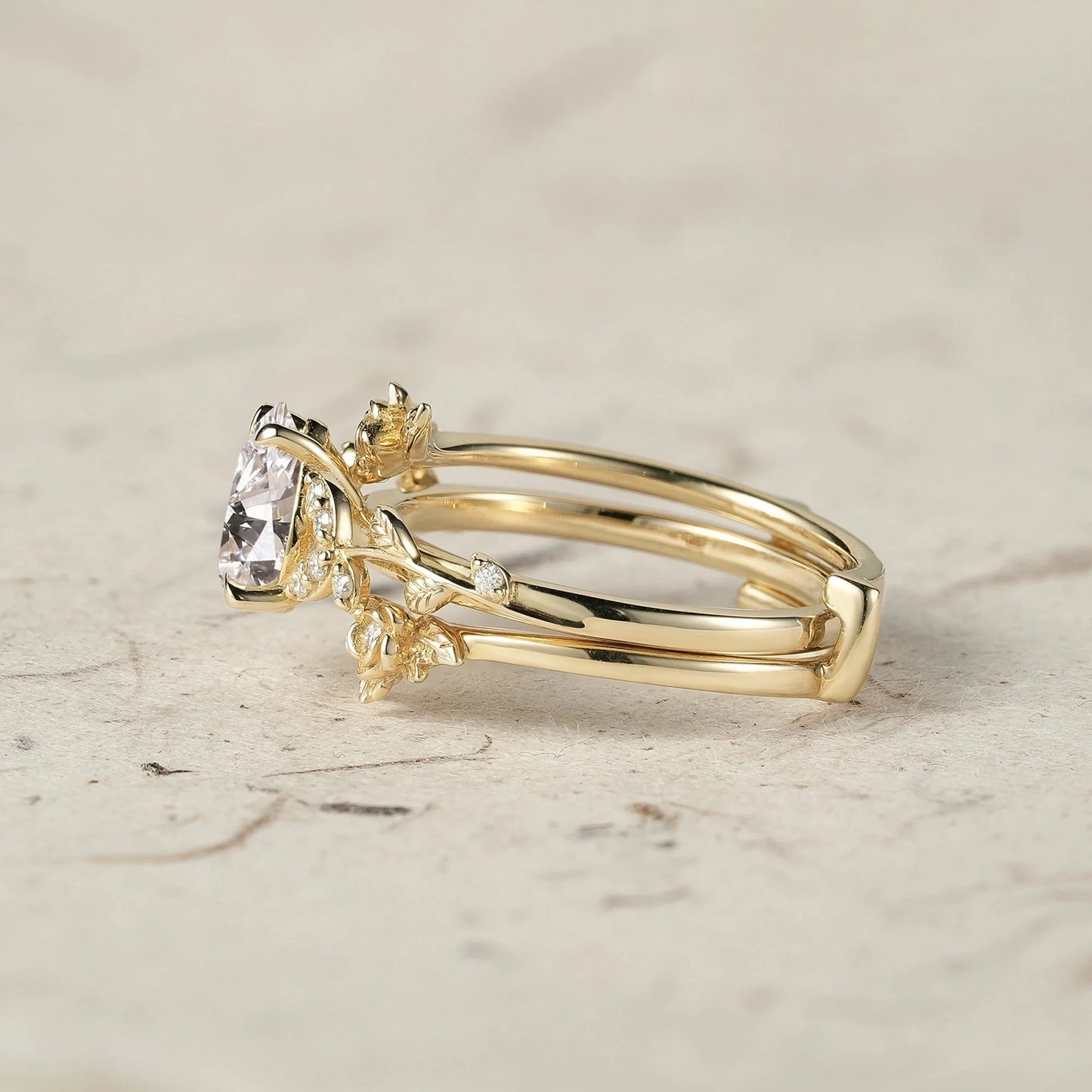 Rose Blossom: Pear Cut Lab Grown Diamond Leaf Ring Set | Jade
