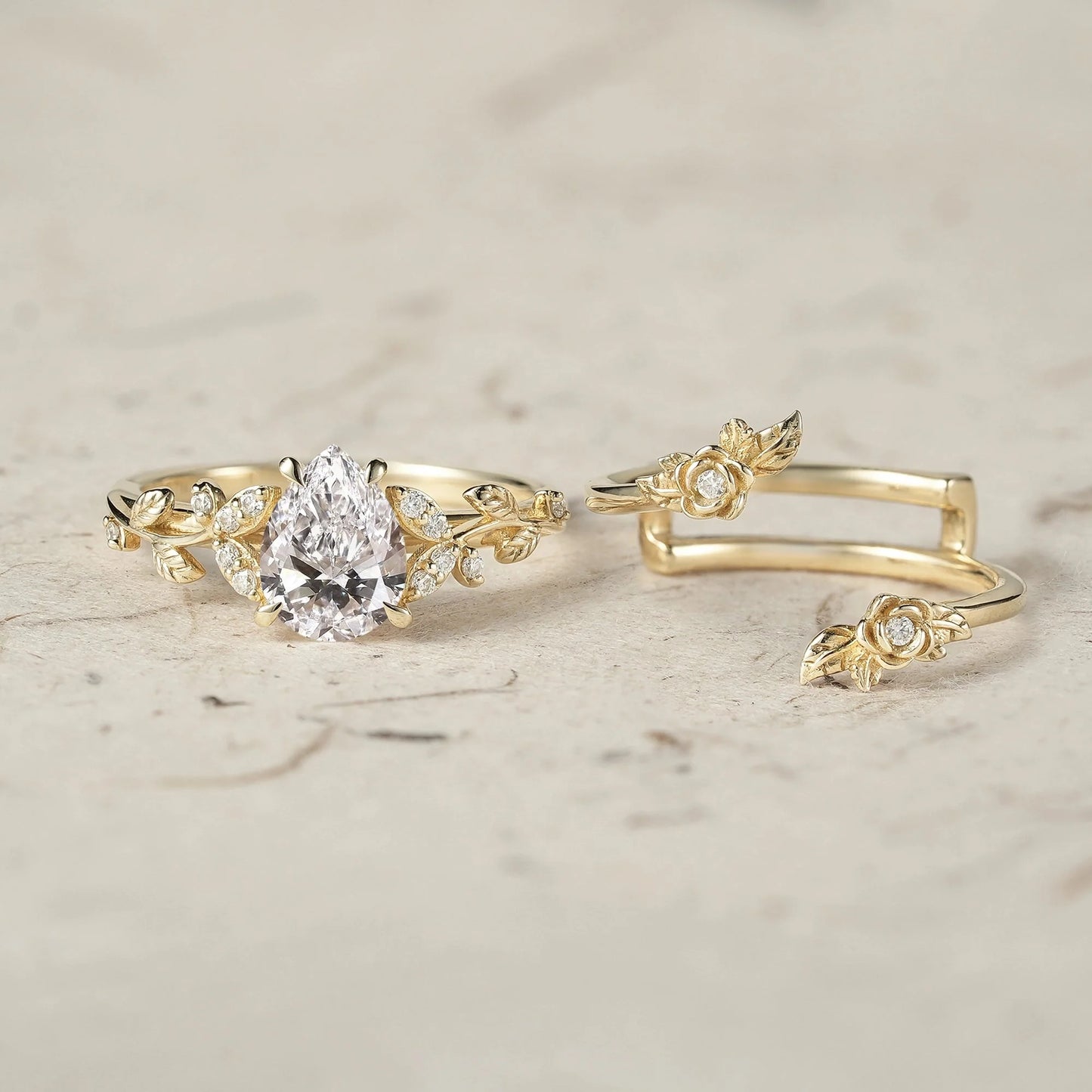 Rose Blossom: Pear Cut Lab Grown Diamond Leaf Ring Set | Jade