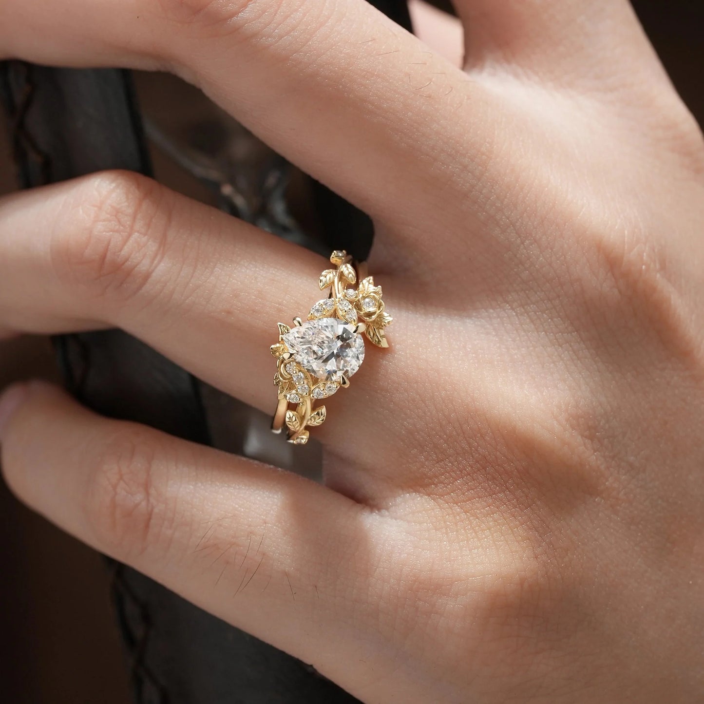 Rose Blossom: Pear Cut Lab Grown Diamond Leaf Ring Set | Jade