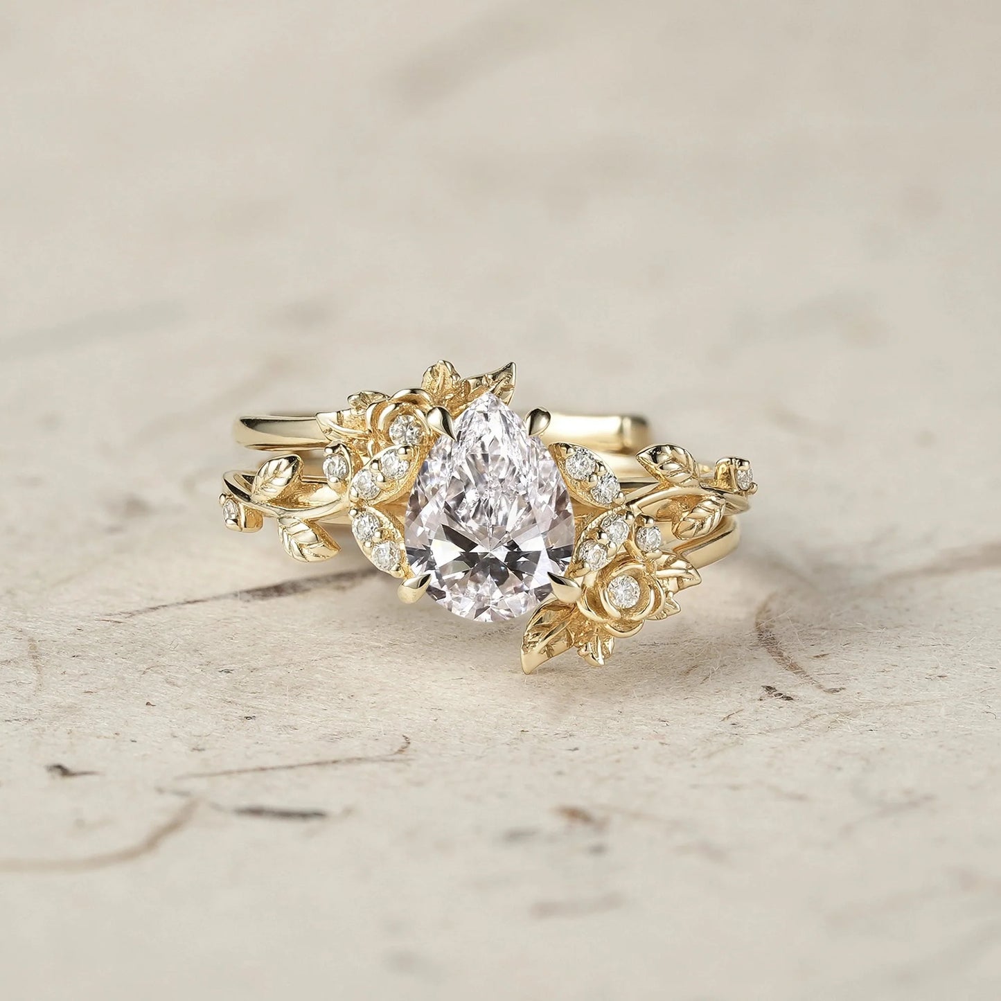 Rose Blossom: Pear Cut Lab Grown Diamond Leaf Ring Set | Jade