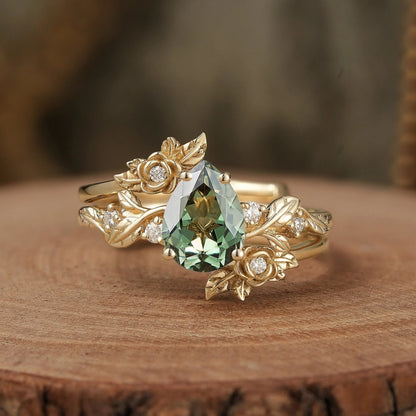 Pear Cut Moissanite Gold Floral Engagement Ring Set - Camille