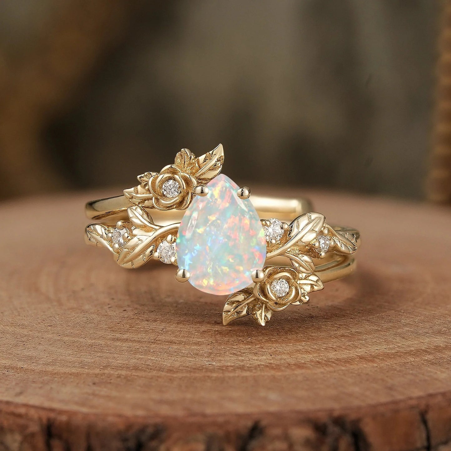 Pear Cut Moissanite Gold Floral Engagement Ring Set - Camille
