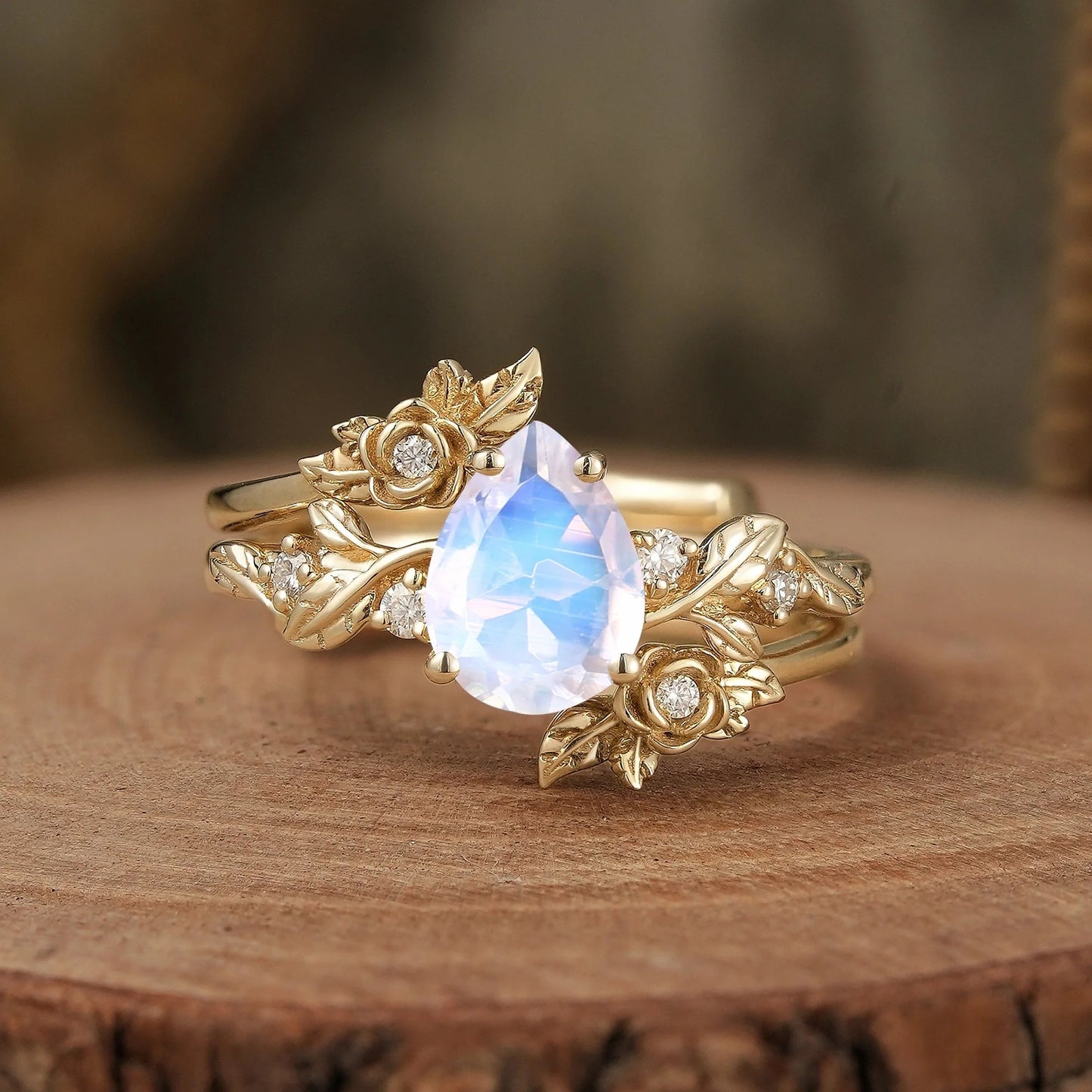 Pear Cut Moissanite Gold Floral Engagement Ring Set - Camille