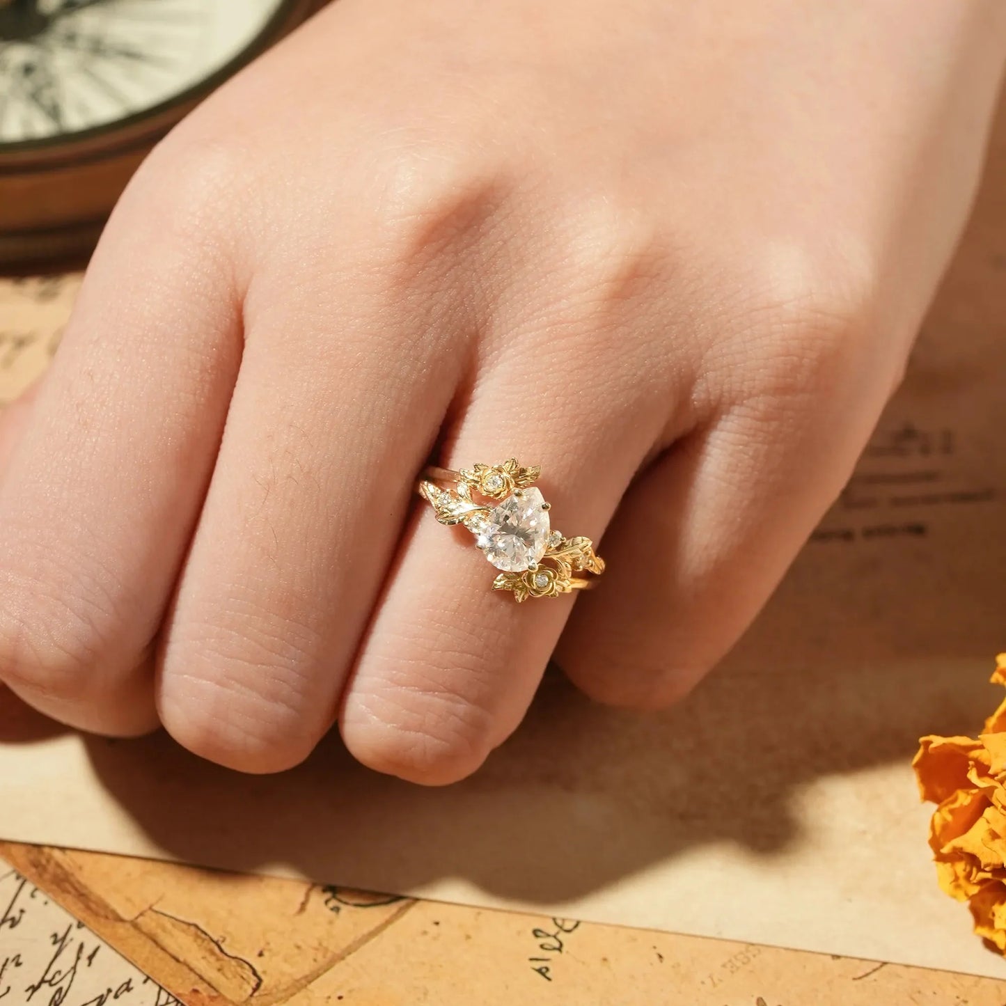 Pear Cut Moissanite Gold Floral Engagement Ring Set - Camille