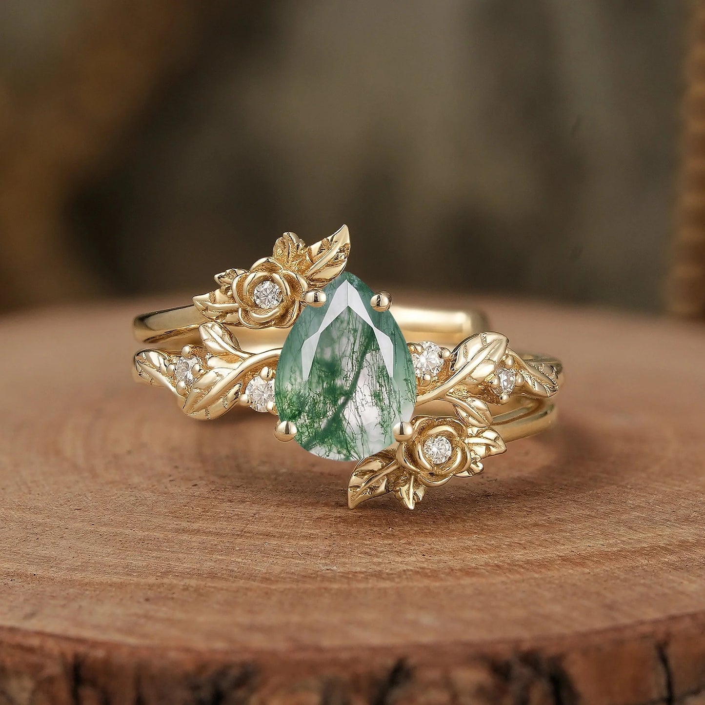 Pear Cut Moissanite Gold Floral Engagement Ring Set - Camille