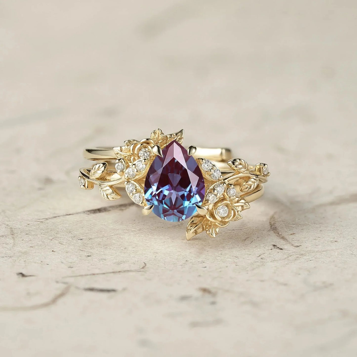 Rose Blossom: Pear Cut Moissanite Leaf Ring Set | Jade