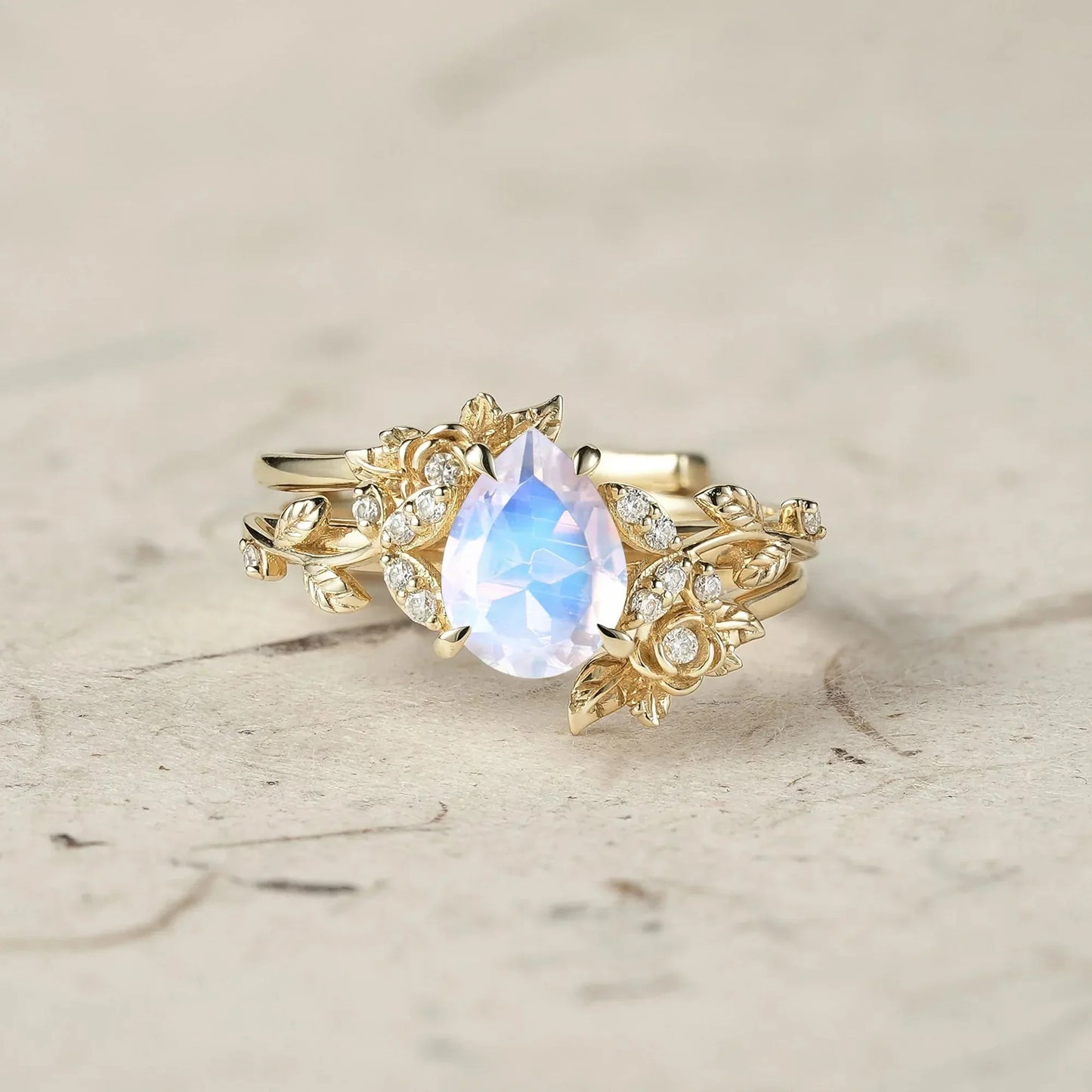 Rose Blossom: Pear Cut Moissanite Leaf Ring Set | Jade
