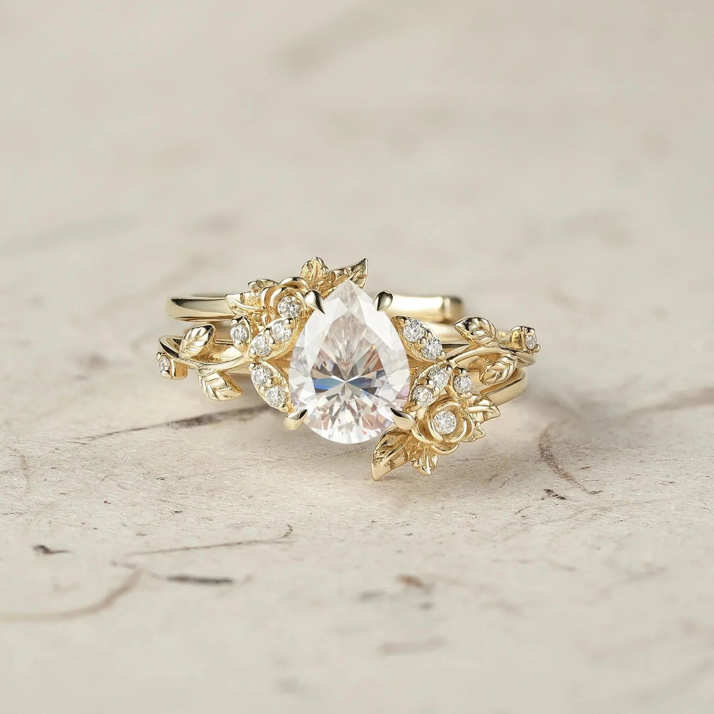 Rose Blossom: Pear Cut Moissanite Leaf Ring Set | Jade