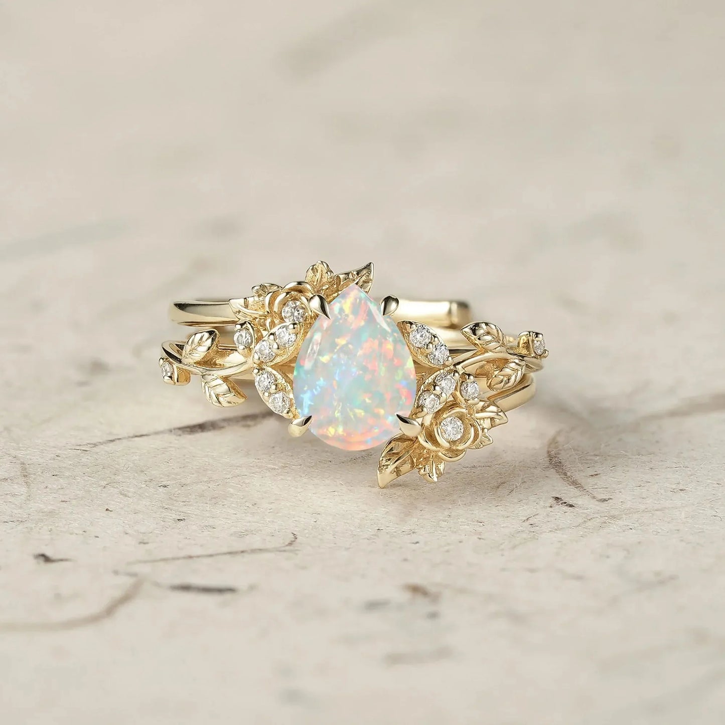 Rose Blossom: Pear Cut Moissanite Leaf Ring Set | Jade