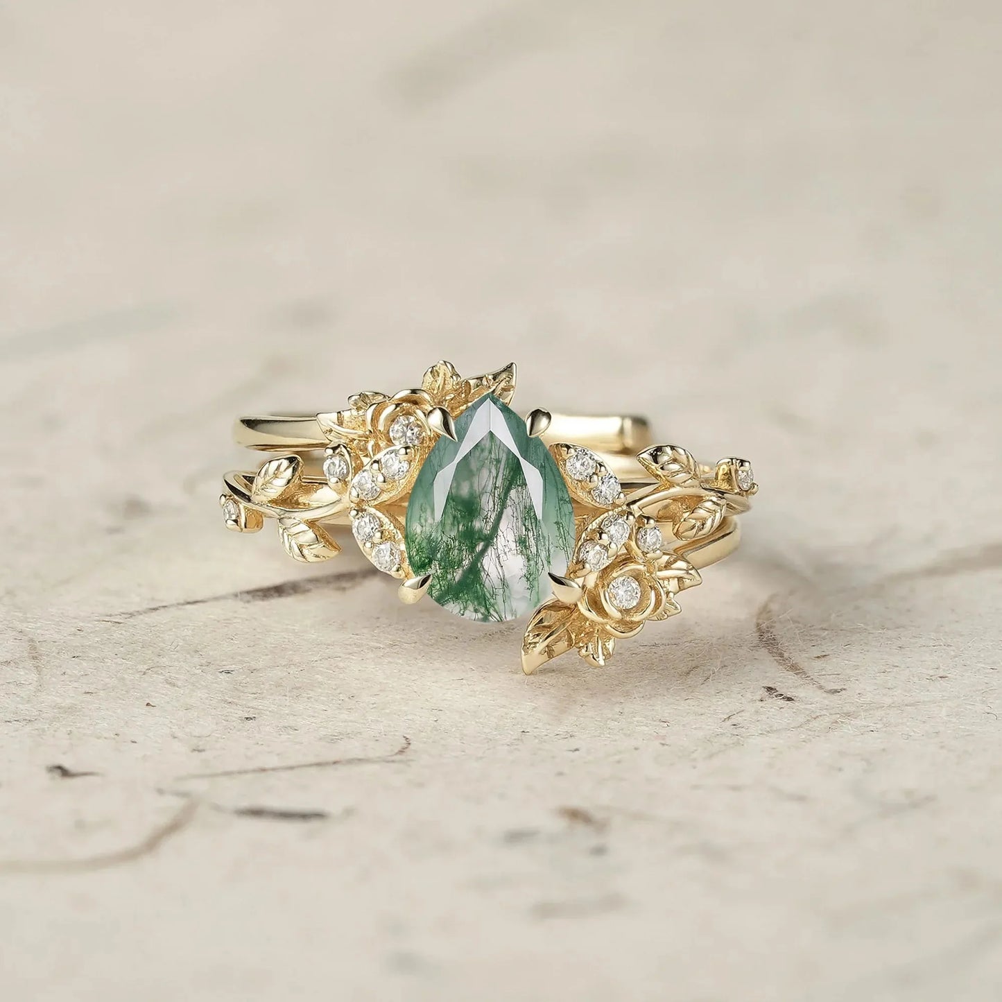 Rose Blossom: Pear Cut Moissanite Leaf Ring Set | Jade