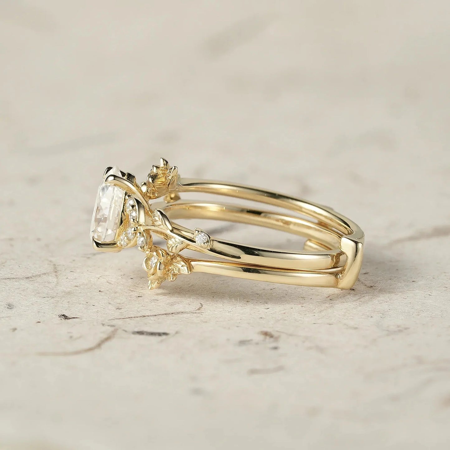 Rose Blossom: Pear Cut Moissanite Leaf Ring Set | Jade
