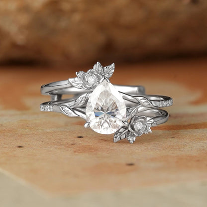 Rose Blossom: Pear Cut Moissanite White Gold Ring Set-Juno
