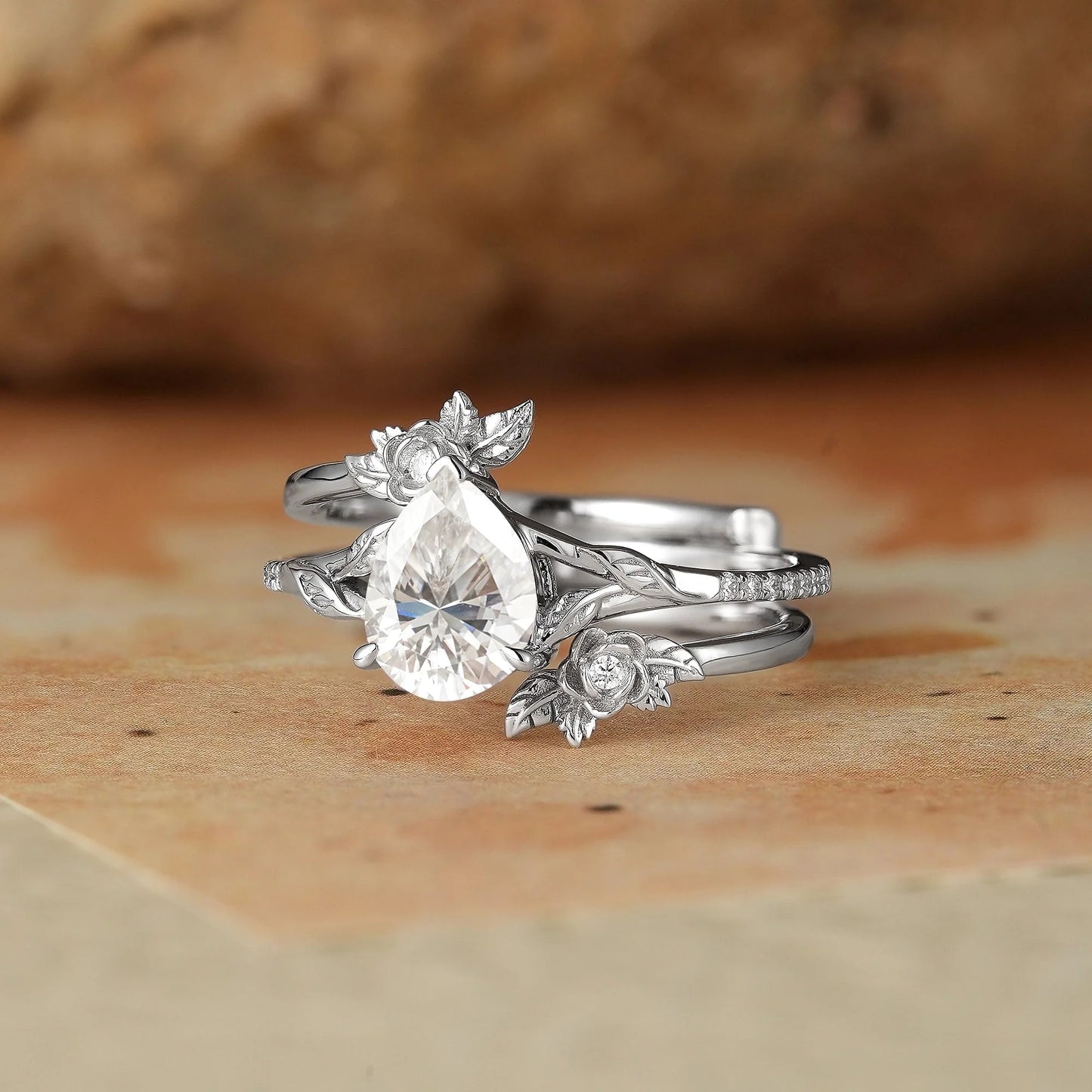 Rose Blossom: Pear Cut Moissanite White Gold Ring Set-Juno