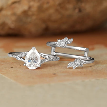 Rose Blossom: Pear Cut Moissanite White Gold Ring Set-Juno