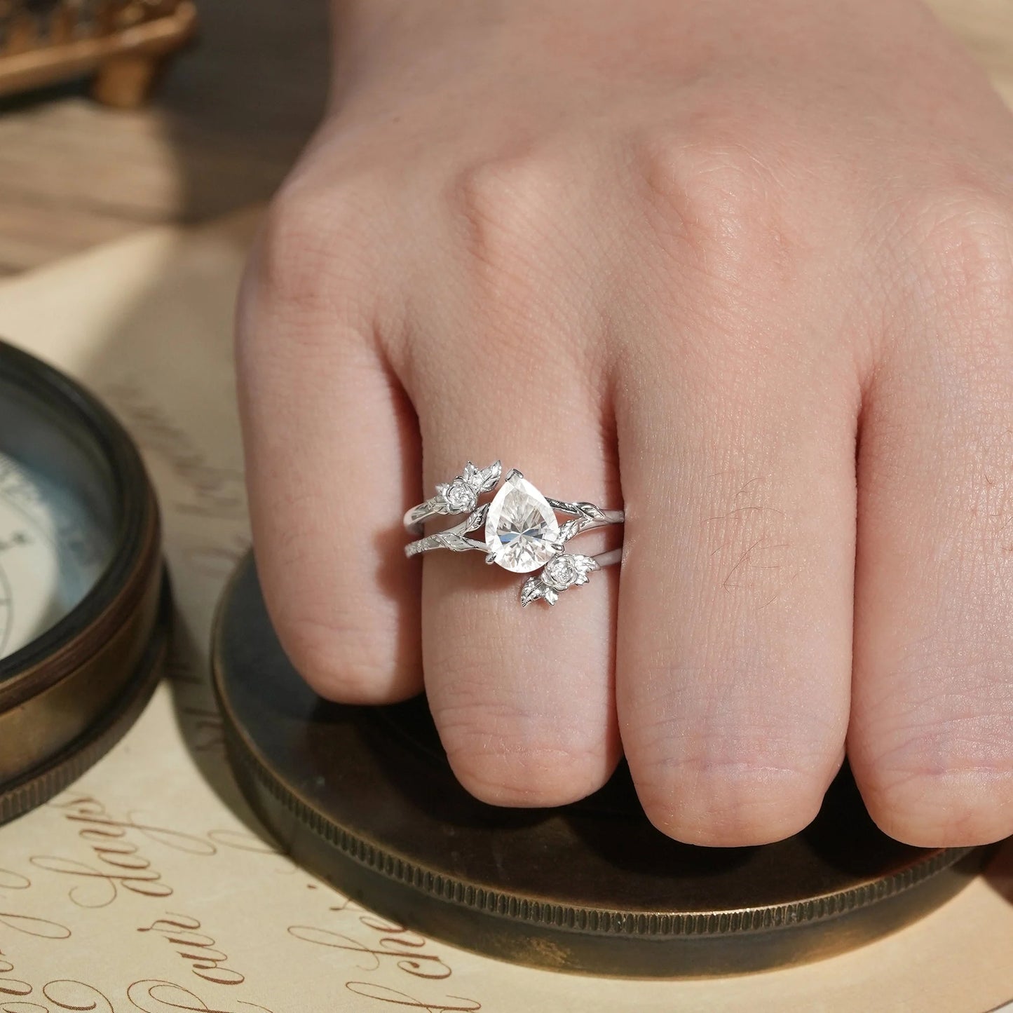 Rose Blossom: Pear Cut Moissanite White Gold Ring Set-Juno