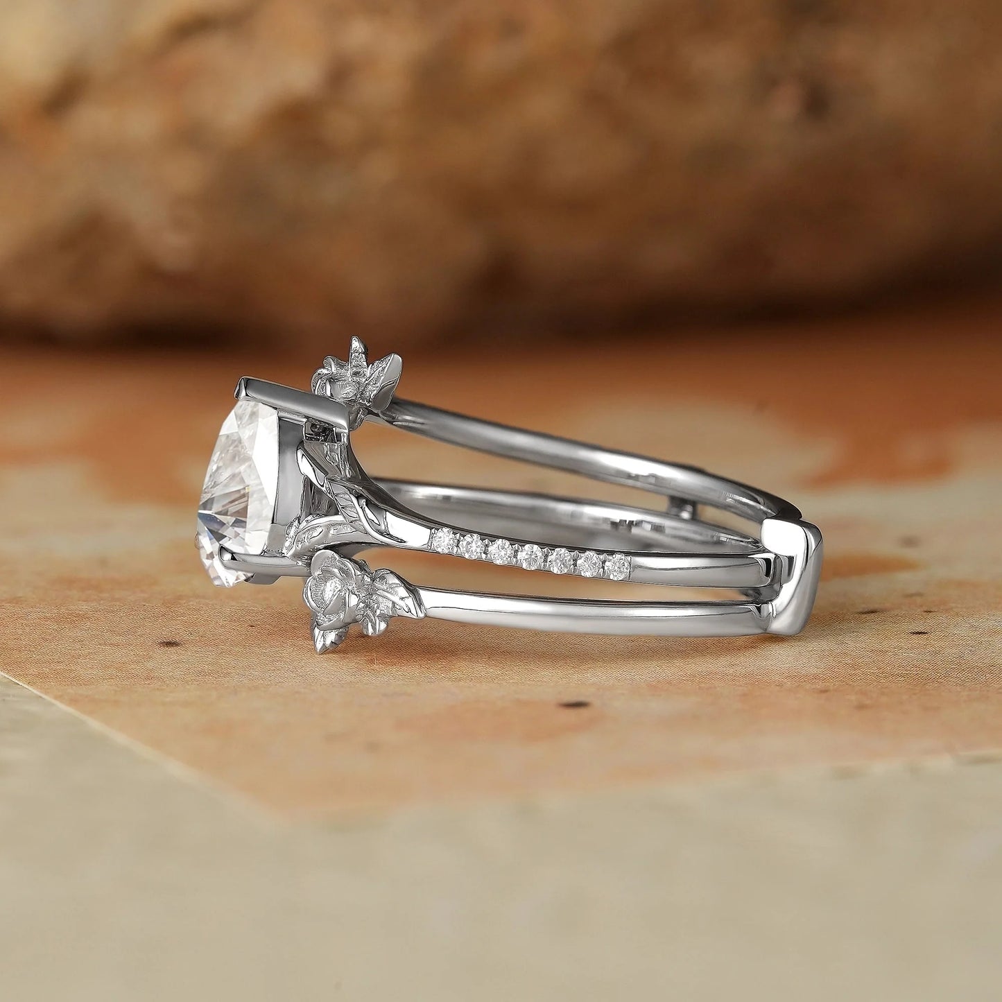 Rose Blossom: Pear Cut Moissanite White Gold Ring Set-Juno