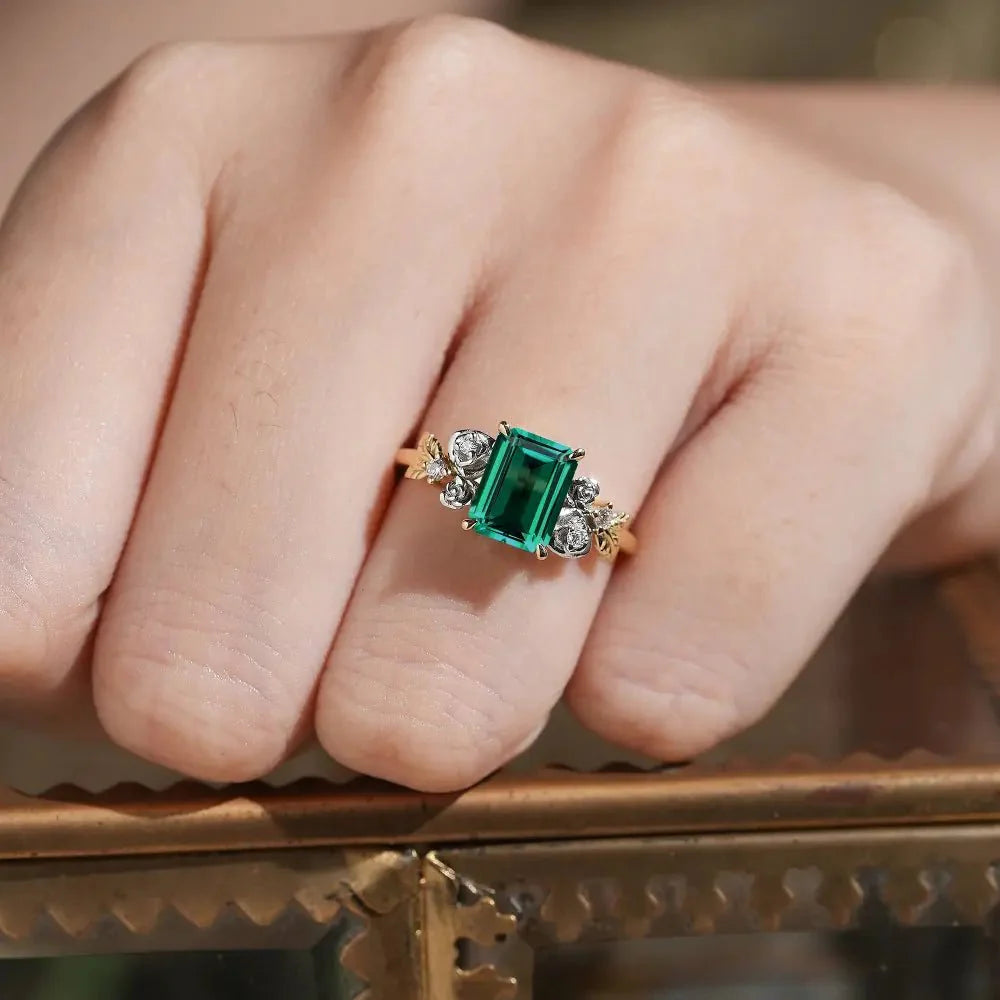 Rose Blossom: Vintage Two-Tone Emerald Ring - Trinity